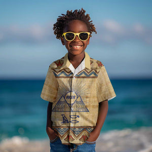 Aker Ancient Egyptian Kid Hawaiian Shirt with Hieroglyphic Pattern, Pyramid Symbol, and Twin Lion Guardians Motif - African Pride