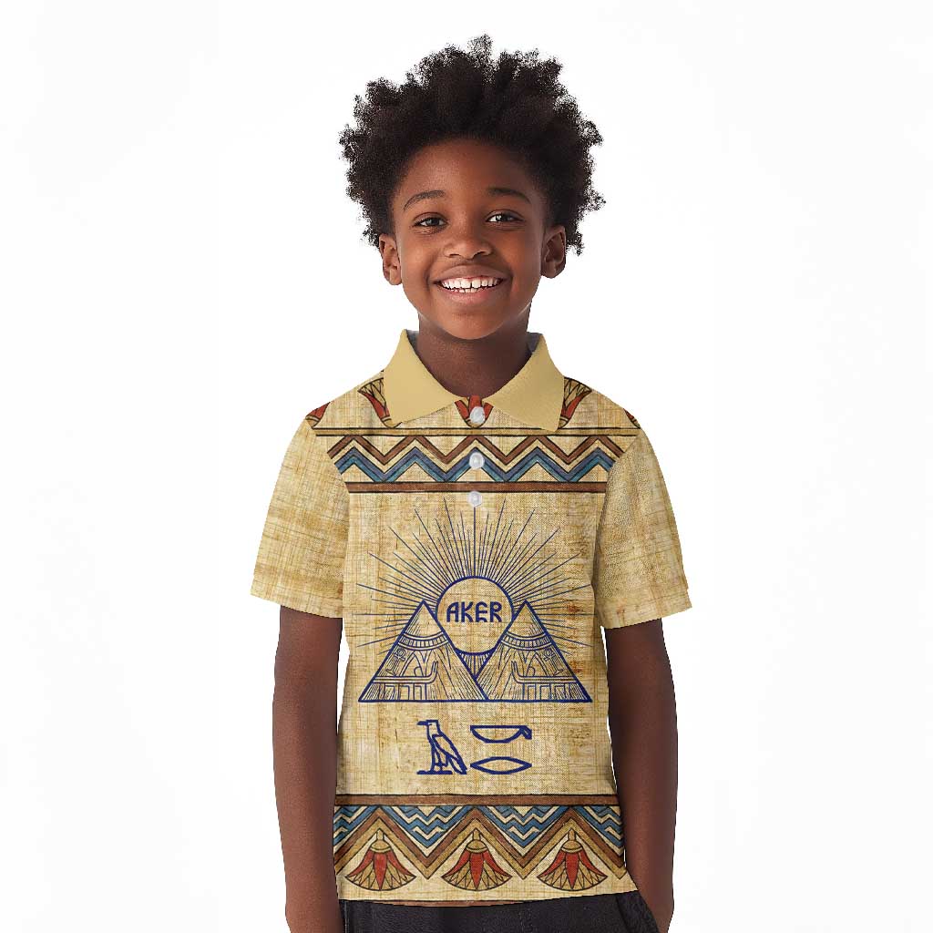 Aker Ancient Egyptian Kid Polo Shirt with Hieroglyphic Pattern, Pyramid Symbol, and Twin Lion Guardians Motif - African Pride