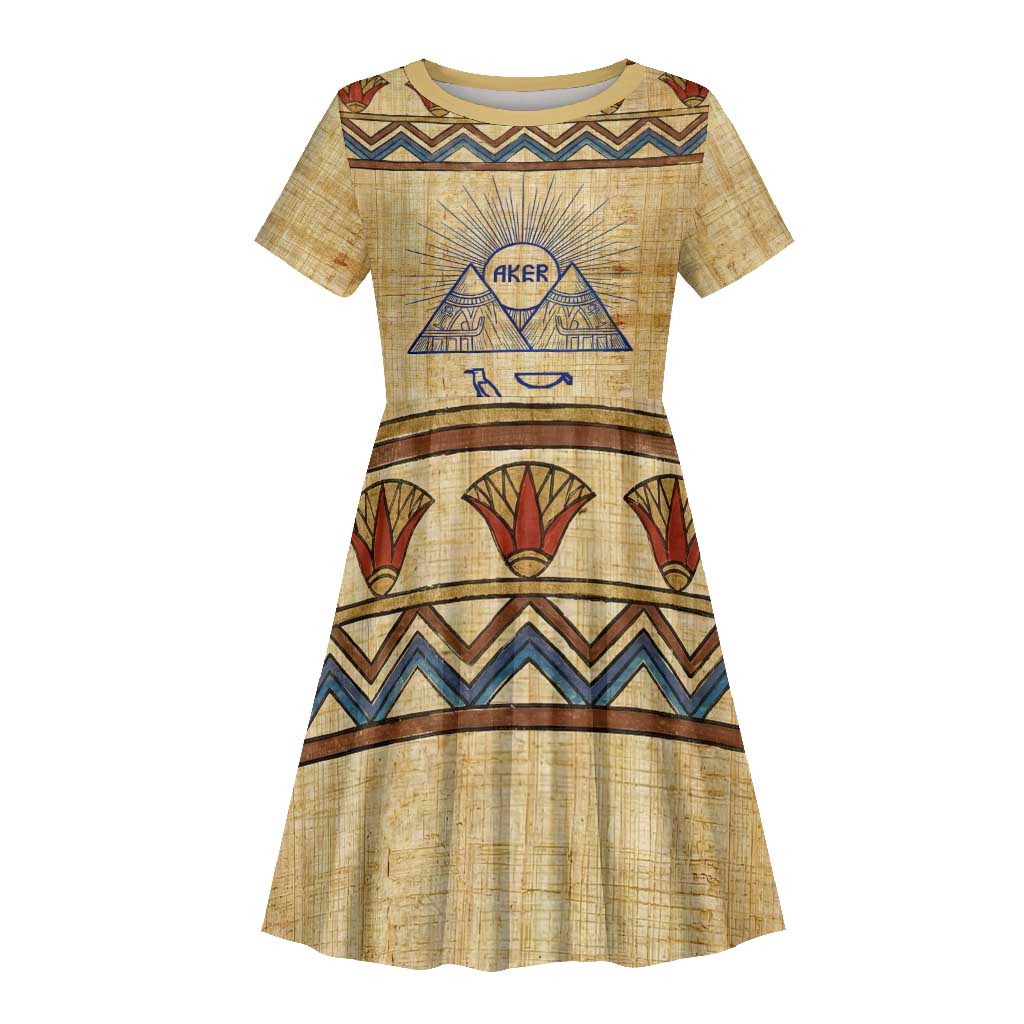 Aker Ancient Egyptian Kid Short Sleeve Dress with Hieroglyphic Pattern, Pyramid Symbol, and Twin Lion Guardians Motif - African Pride
