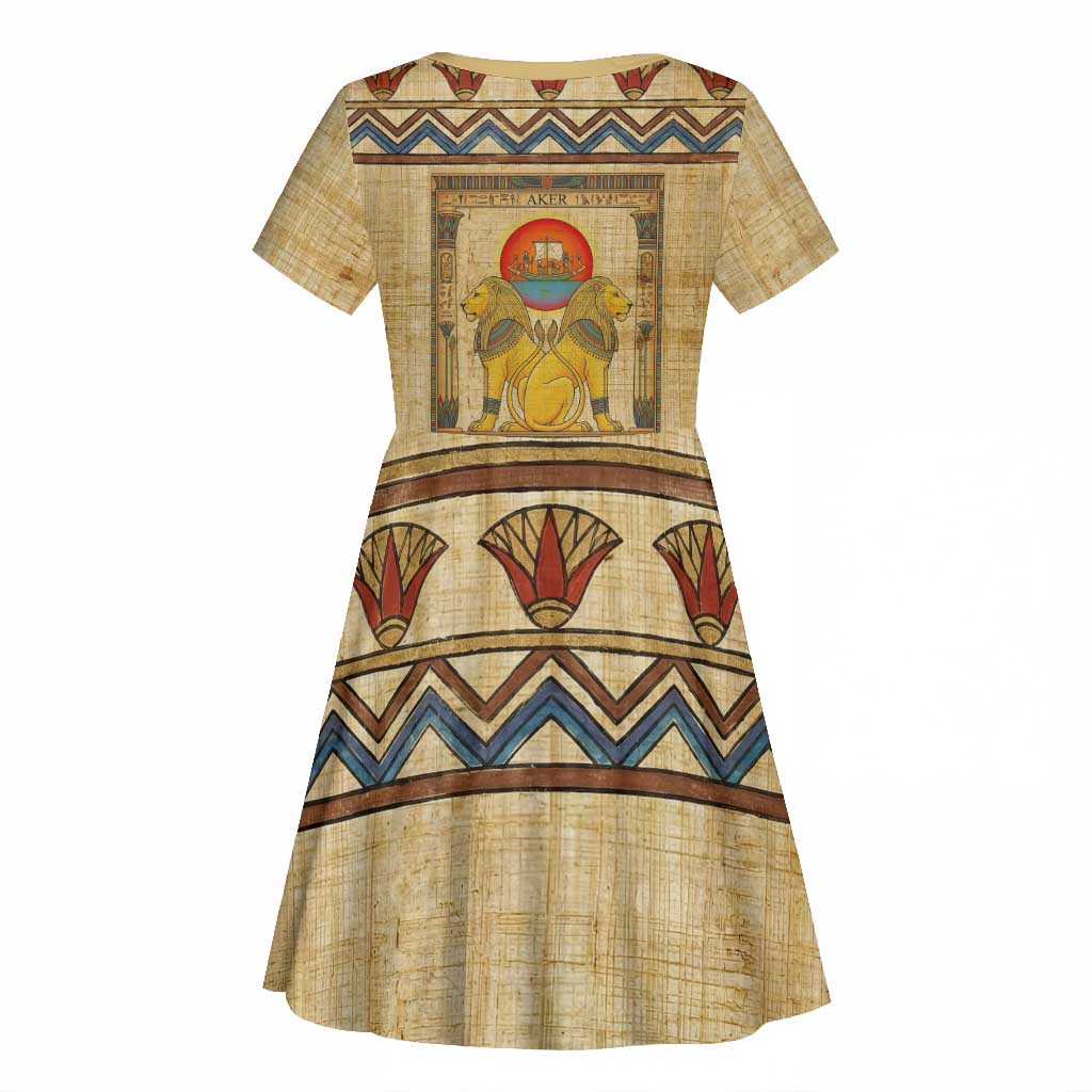 Aker Ancient Egyptian Kid Short Sleeve Dress with Hieroglyphic Pattern, Pyramid Symbol, and Twin Lion Guardians Motif - African Pride