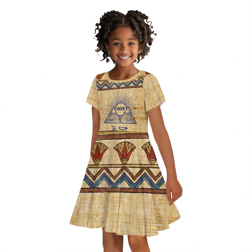 Aker Ancient Egyptian Kid Short Sleeve Dress with Hieroglyphic Pattern, Pyramid Symbol, and Twin Lion Guardians Motif - African Pride