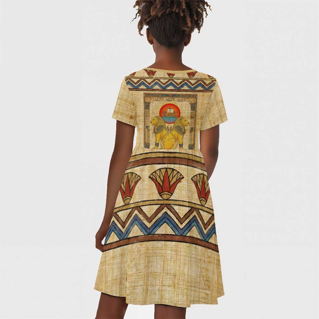 Aker Ancient Egyptian Kid Short Sleeve Dress with Hieroglyphic Pattern, Pyramid Symbol, and Twin Lion Guardians Motif - African Pride