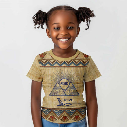 Aker Ancient Egyptian Kid T shirt with Hieroglyphic Pattern, Pyramid Symbol, and Twin Lion Guardians Motif - African Pride