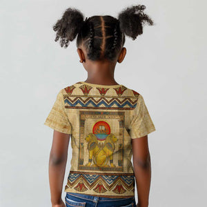 Aker Ancient Egyptian Kid T shirt with Hieroglyphic Pattern, Pyramid Symbol, and Twin Lion Guardians Motif - African Pride