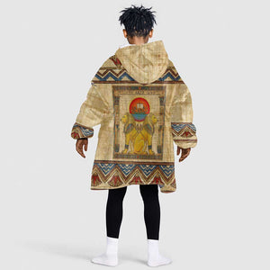 Aker Ancient Egyptian Kid Wearable Blanket Hoodie with Hieroglyphic Pattern, Pyramid Symbol, and Twin Lion Guardians Motif - African Pride