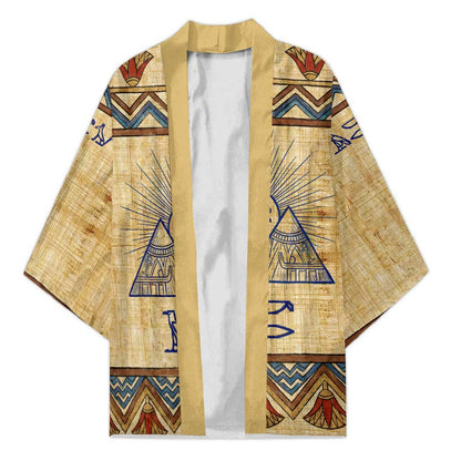 Aker Ancient Egyptian Kimono with Hieroglyphic Pattern, Pyramid Symbol, and Twin Lion Guardians Motif - African Pride
