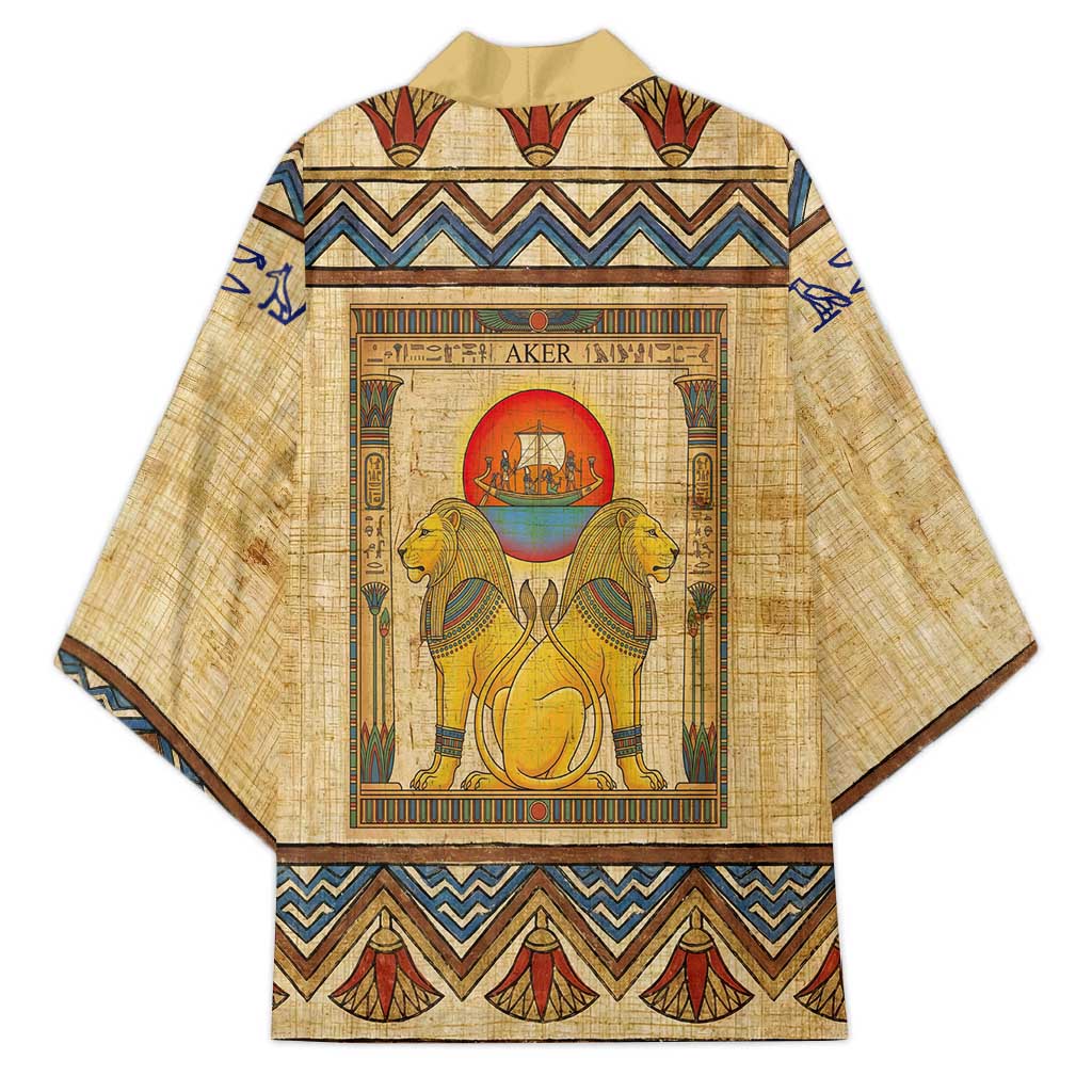 Aker Ancient Egyptian Kimono with Hieroglyphic Pattern, Pyramid Symbol, and Twin Lion Guardians Motif - African Pride