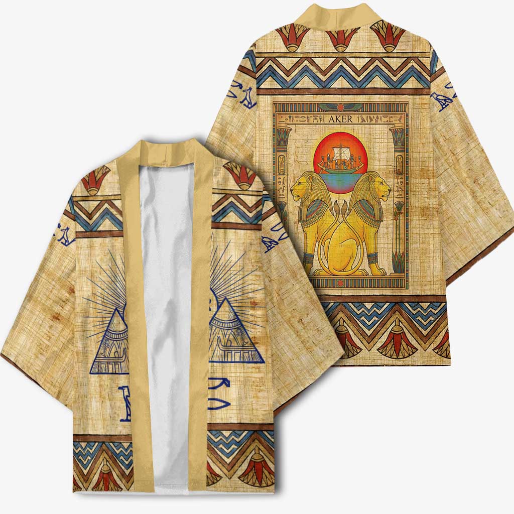 Aker Ancient Egyptian Kimono with Hieroglyphic Pattern, Pyramid Symbol, and Twin Lion Guardians Motif - African Pride