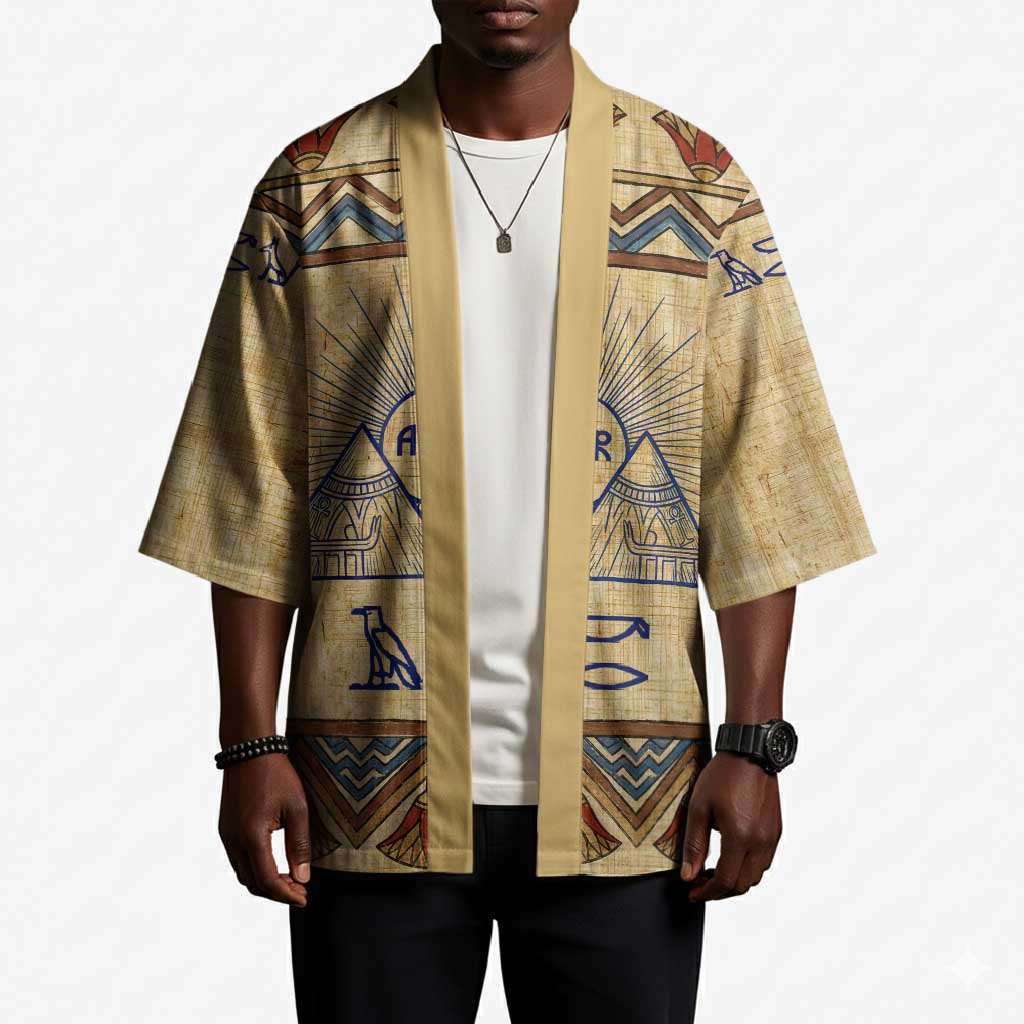 Aker Ancient Egyptian Kimono with Hieroglyphic Pattern, Pyramid Symbol, and Twin Lion Guardians Motif - African Pride