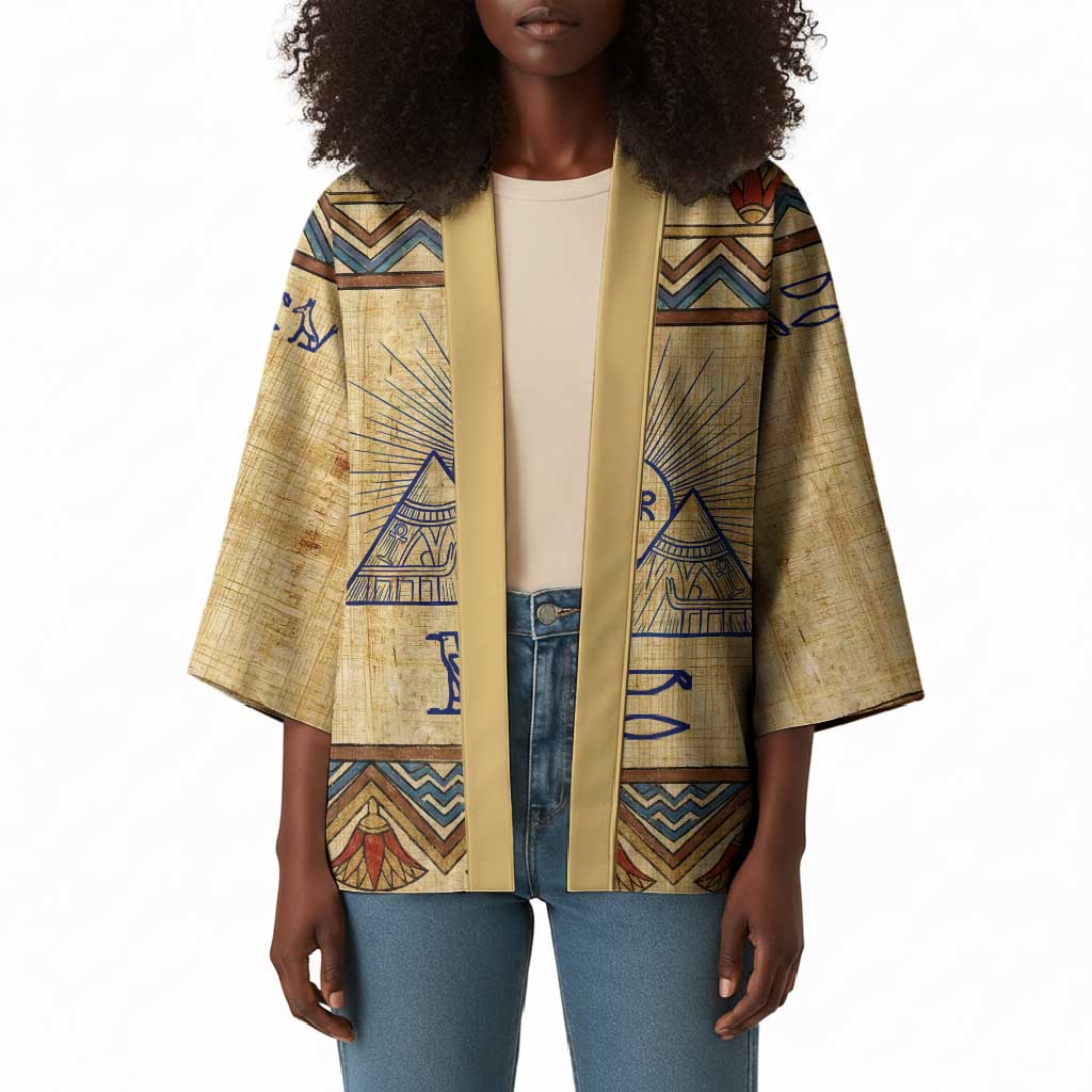 Aker Ancient Egyptian Kimono with Hieroglyphic Pattern, Pyramid Symbol, and Twin Lion Guardians Motif - African Pride
