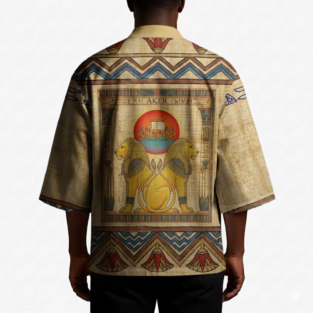 Aker Ancient Egyptian Kimono with Hieroglyphic Pattern, Pyramid Symbol, and Twin Lion Guardians Motif - African Pride