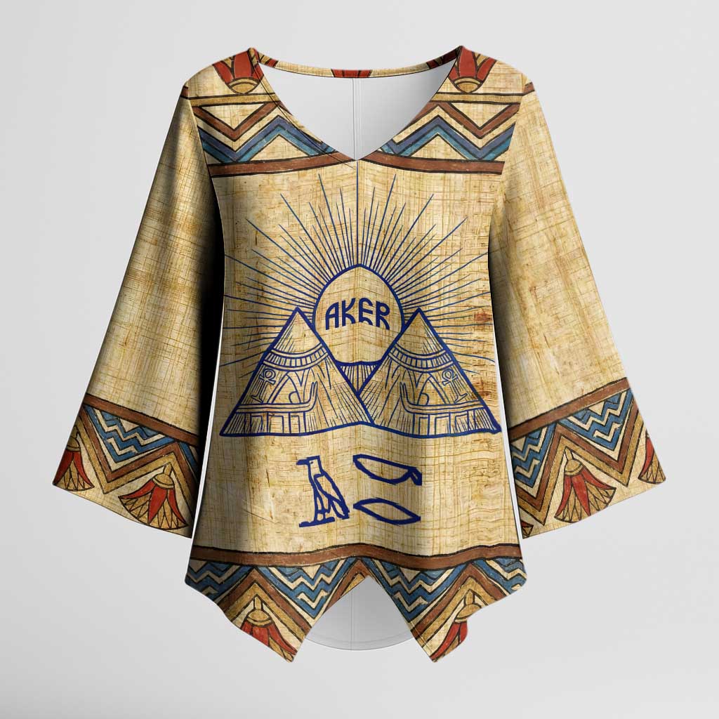 Aker Ancient Egyptian Kimono Sleeve Blouse with Hieroglyphic Pattern, Pyramid Symbol, and Twin Lion Guardians Motif - African Pride