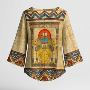 Aker Ancient Egyptian Kimono Sleeve Blouse with Hieroglyphic Pattern, Pyramid Symbol, and Twin Lion Guardians Motif - African Pride
