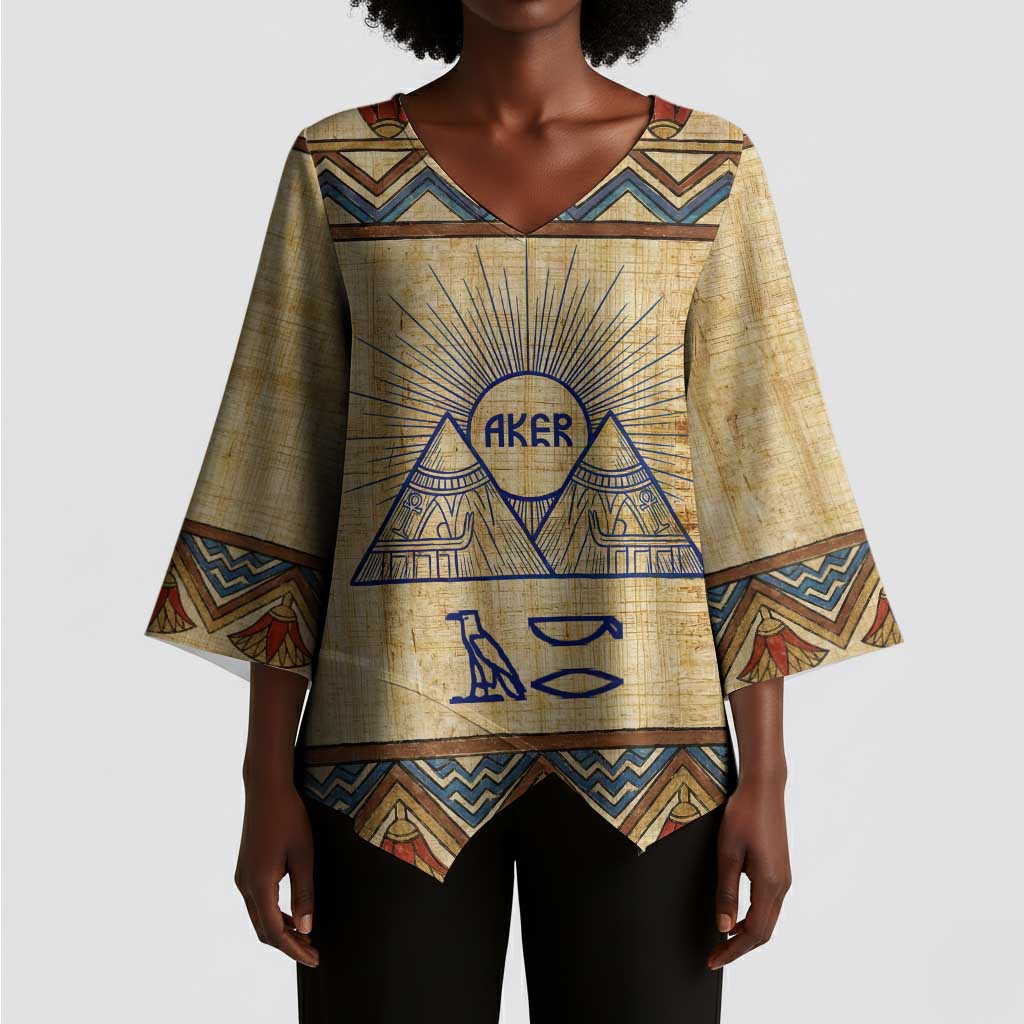 Aker Ancient Egyptian Kimono Sleeve Blouse with Hieroglyphic Pattern, Pyramid Symbol, and Twin Lion Guardians Motif - African Pride