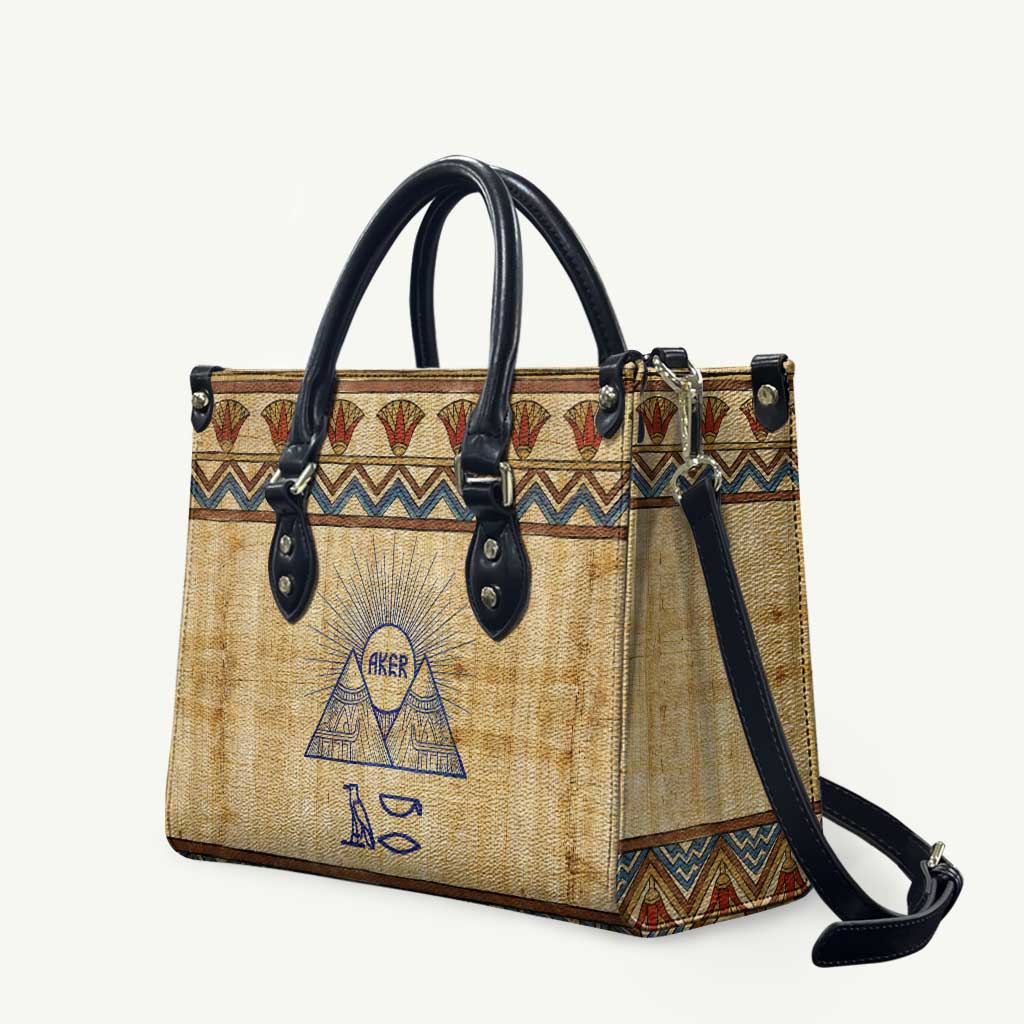 Aker Ancient Egyptian Leather Bag with Hieroglyphic Pattern, Pyramid Symbol, and Twin Lion Guardians Motif - African Pride