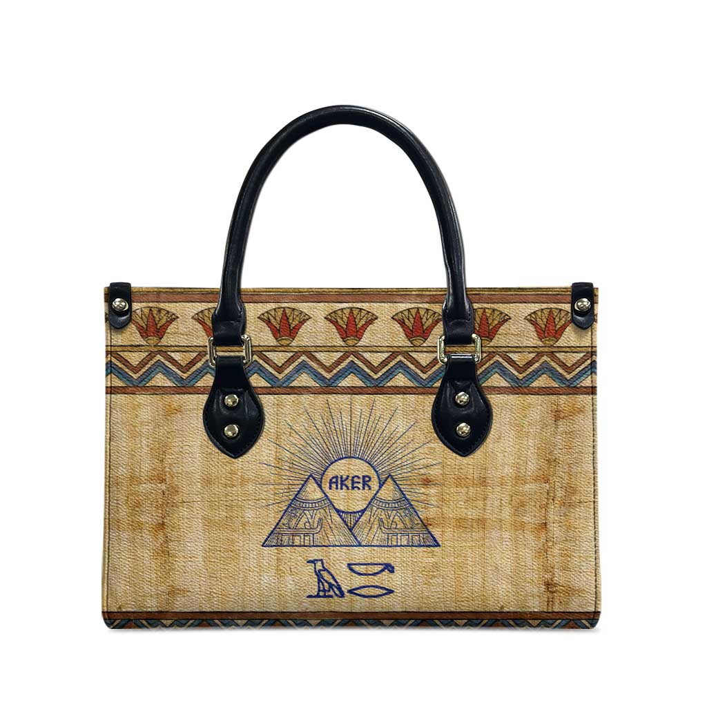 Aker Ancient Egyptian Leather Bag with Hieroglyphic Pattern, Pyramid Symbol, and Twin Lion Guardians Motif - African Pride