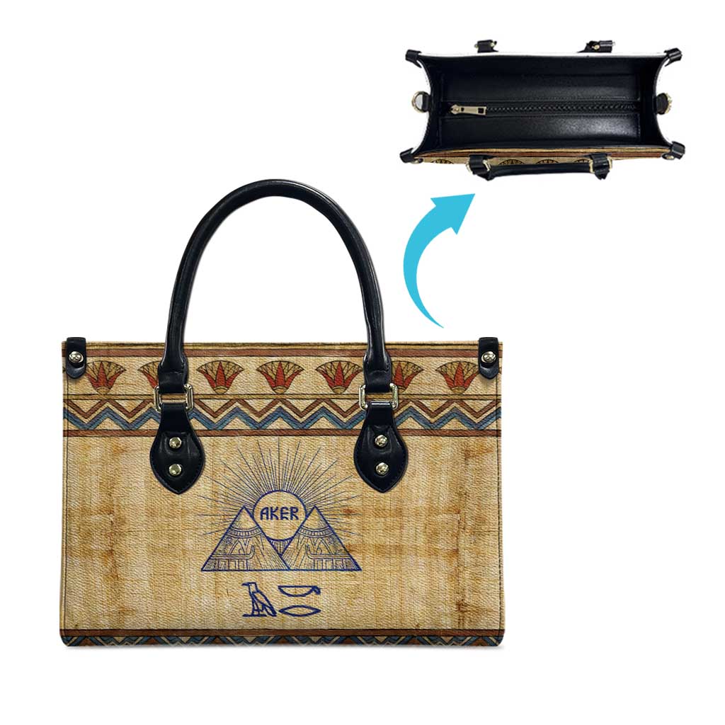 Aker Ancient Egyptian Leather Bag with Hieroglyphic Pattern, Pyramid Symbol, and Twin Lion Guardians Motif - African Pride