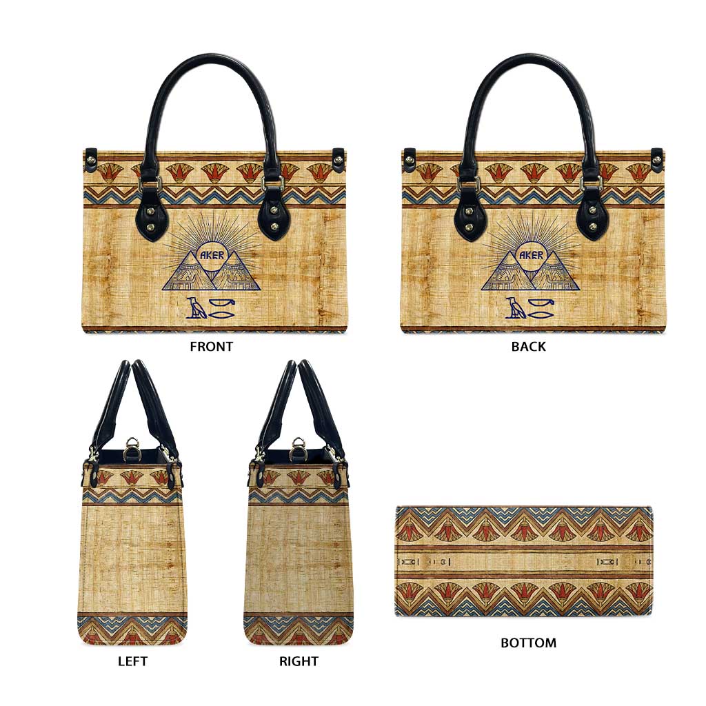 Aker Ancient Egyptian Leather Bag with Hieroglyphic Pattern, Pyramid Symbol, and Twin Lion Guardians Motif - African Pride