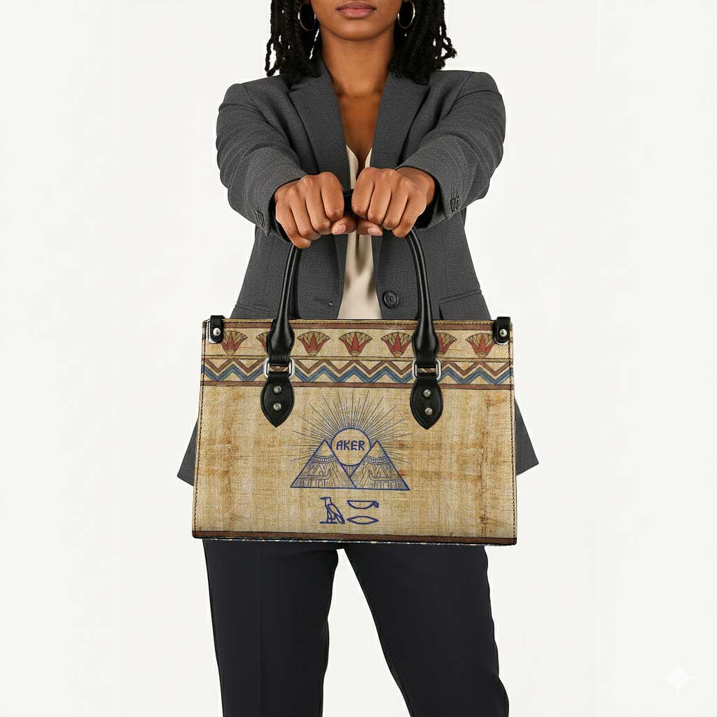 Aker Ancient Egyptian Leather Bag with Hieroglyphic Pattern, Pyramid Symbol, and Twin Lion Guardians Motif - African Pride