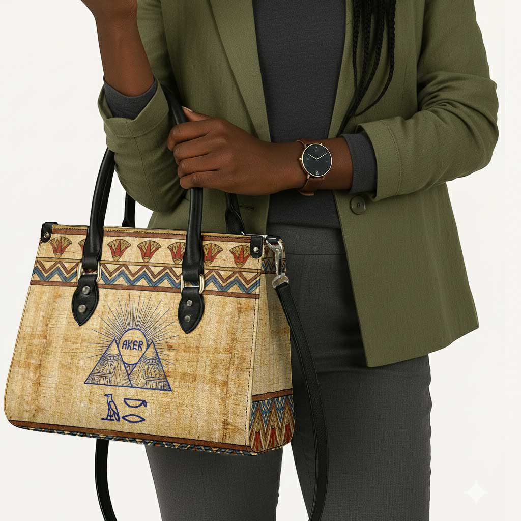 Aker Ancient Egyptian Leather Bag with Hieroglyphic Pattern, Pyramid Symbol, and Twin Lion Guardians Motif - African Pride