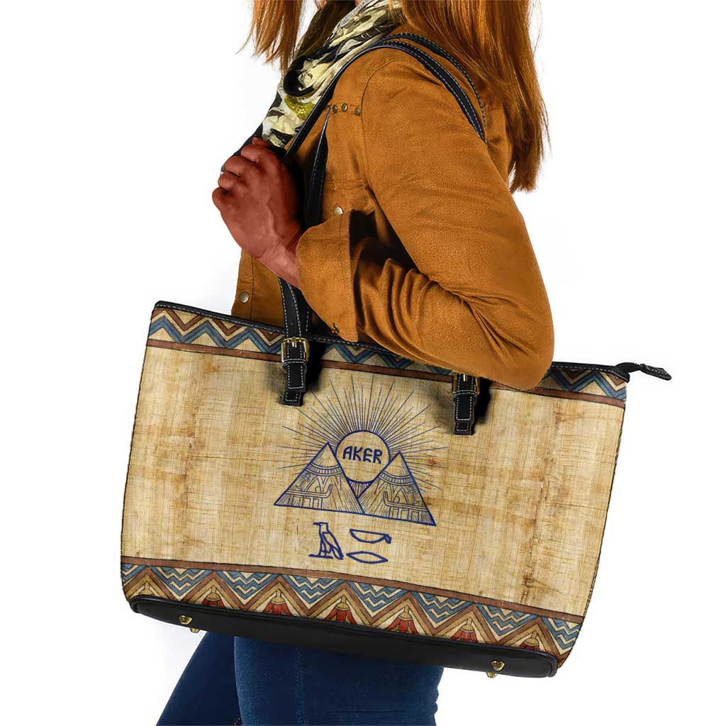 Aker Ancient Egyptian Leather Tote Bag with Hieroglyphic Pattern, Pyramid Symbol, and Twin Lion Guardians Motif - African Pride