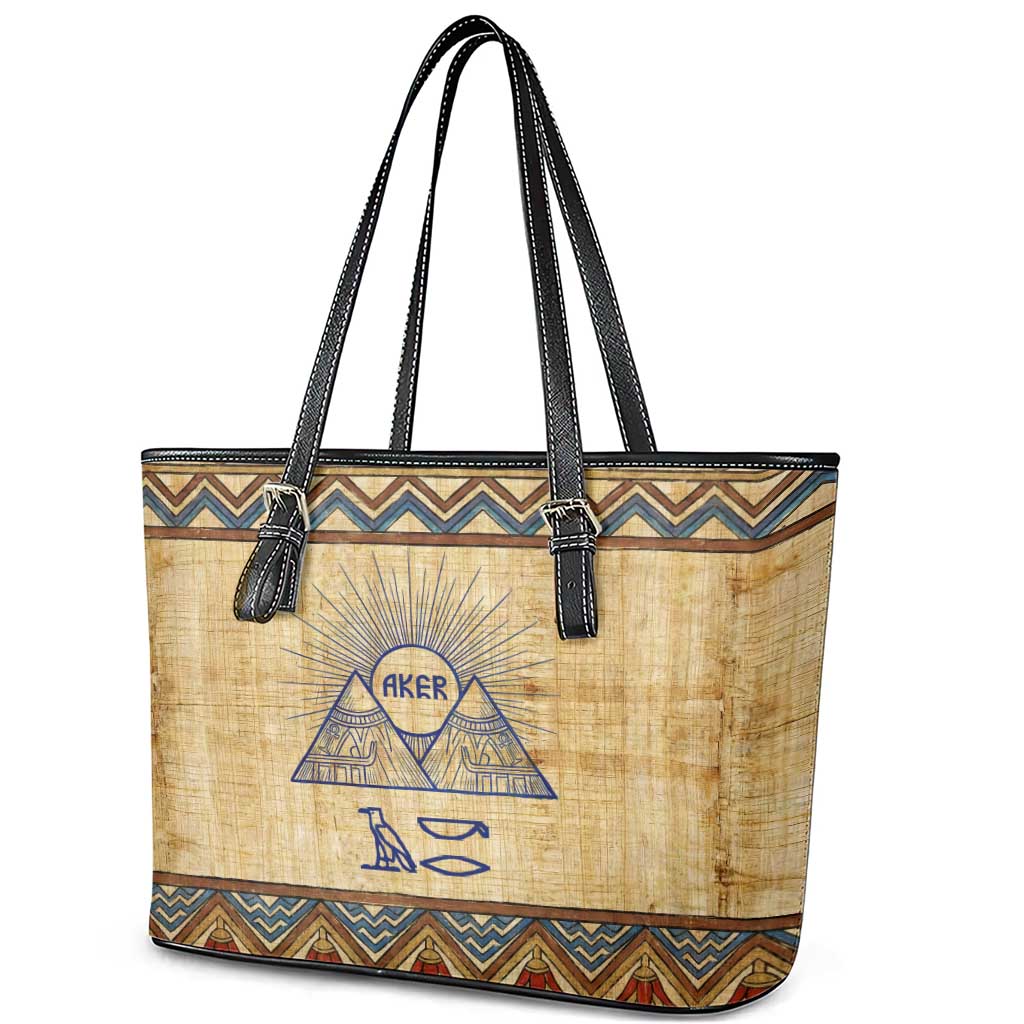 Aker Ancient Egyptian Leather Tote Bag with Hieroglyphic Pattern, Pyramid Symbol, and Twin Lion Guardians Motif - African Pride