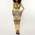 Aker Ancient Egyptian Long Sleeve Bodycon Dress with Hieroglyphic Pattern, Pyramid Symbol, and Twin Lion Guardians Motif - African Pride