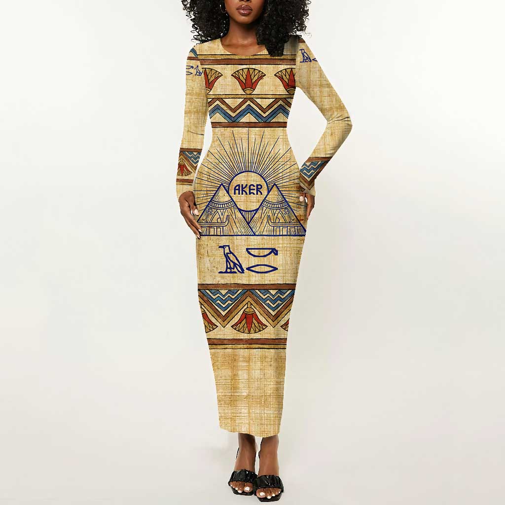Aker Ancient Egyptian Long Sleeve Bodycon Dress with Hieroglyphic Pattern, Pyramid Symbol, and Twin Lion Guardians Motif - African Pride