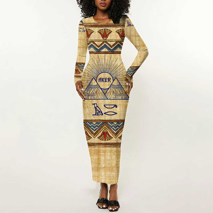 Aker Ancient Egyptian Long Sleeve Bodycon Dress with Hieroglyphic Pattern, Pyramid Symbol, and Twin Lion Guardians Motif - African Pride