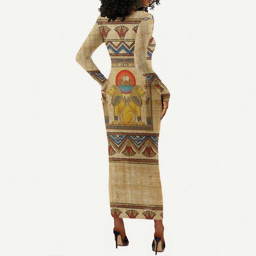 Aker Ancient Egyptian Long Sleeve Bodycon Dress with Hieroglyphic Pattern, Pyramid Symbol, and Twin Lion Guardians Motif - African Pride