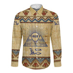 Aker Ancient Egyptian Long Sleeve Button Shirt with Hieroglyphic Pattern, Pyramid Symbol, and Twin Lion Guardians Motif - African Pride