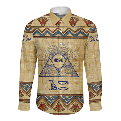 Aker Ancient Egyptian Long Sleeve Button Shirt with Hieroglyphic Pattern, Pyramid Symbol, and Twin Lion Guardians Motif - African Pride