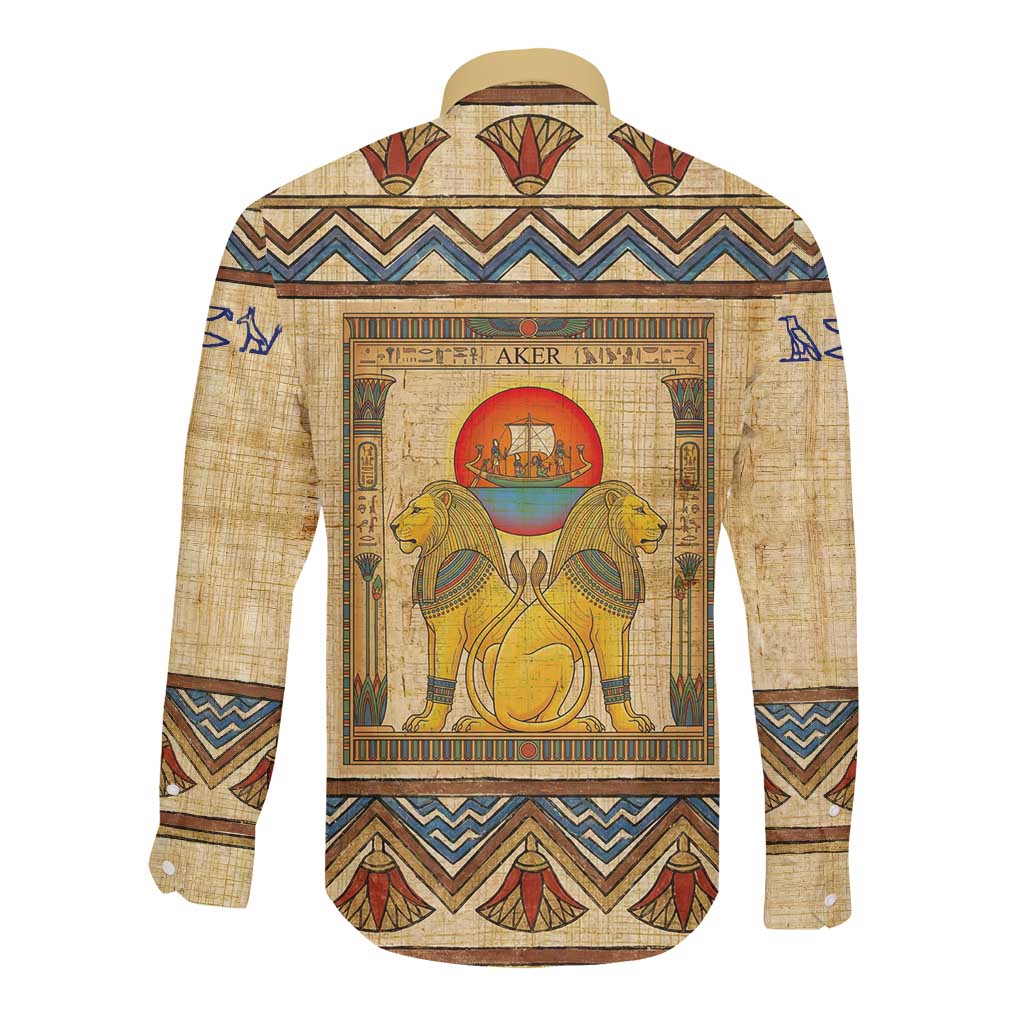 Aker Ancient Egyptian Long Sleeve Button Shirt with Hieroglyphic Pattern, Pyramid Symbol, and Twin Lion Guardians Motif - African Pride