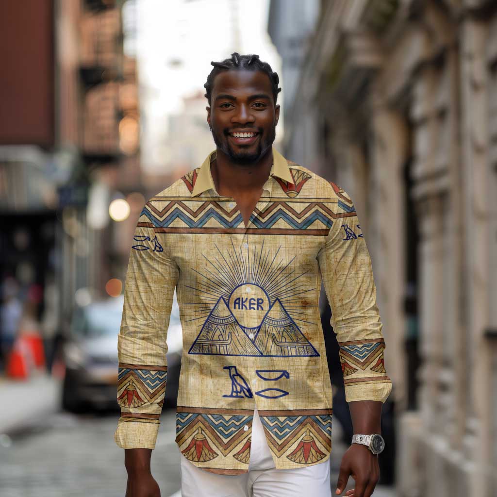 Aker Ancient Egyptian Long Sleeve Button Shirt with Hieroglyphic Pattern, Pyramid Symbol, and Twin Lion Guardians Motif - African Pride