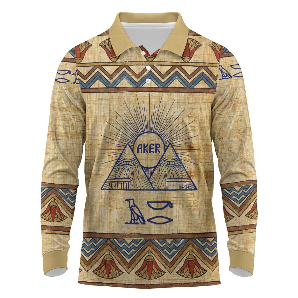 Aker Ancient Egyptian Long Sleeve Polo Shirt with Hieroglyphic Pattern, Pyramid Symbol, and Twin Lion Guardians Motif - African Pride