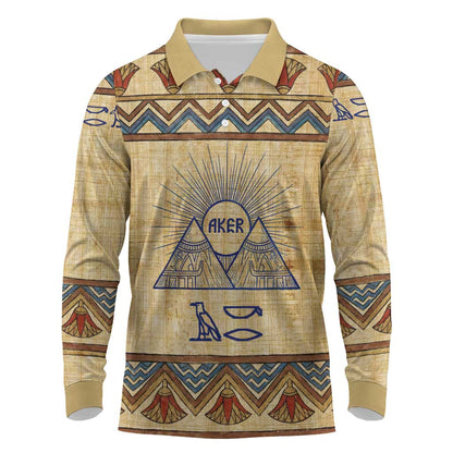 Aker Ancient Egyptian Long Sleeve Polo Shirt with Hieroglyphic Pattern, Pyramid Symbol, and Twin Lion Guardians Motif - African Pride