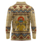 Aker Ancient Egyptian Long Sleeve Polo Shirt with Hieroglyphic Pattern, Pyramid Symbol, and Twin Lion Guardians Motif - African Pride