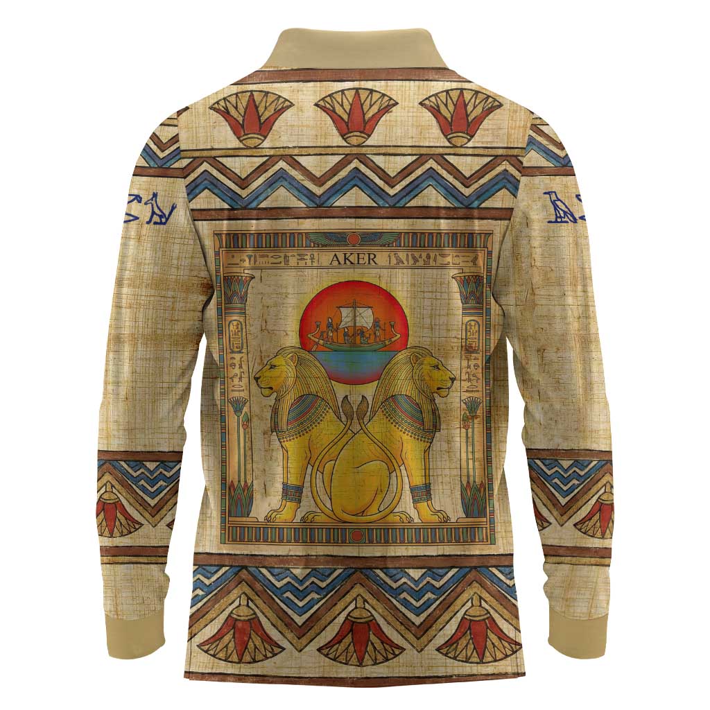 Aker Ancient Egyptian Long Sleeve Polo Shirt with Hieroglyphic Pattern, Pyramid Symbol, and Twin Lion Guardians Motif - African Pride