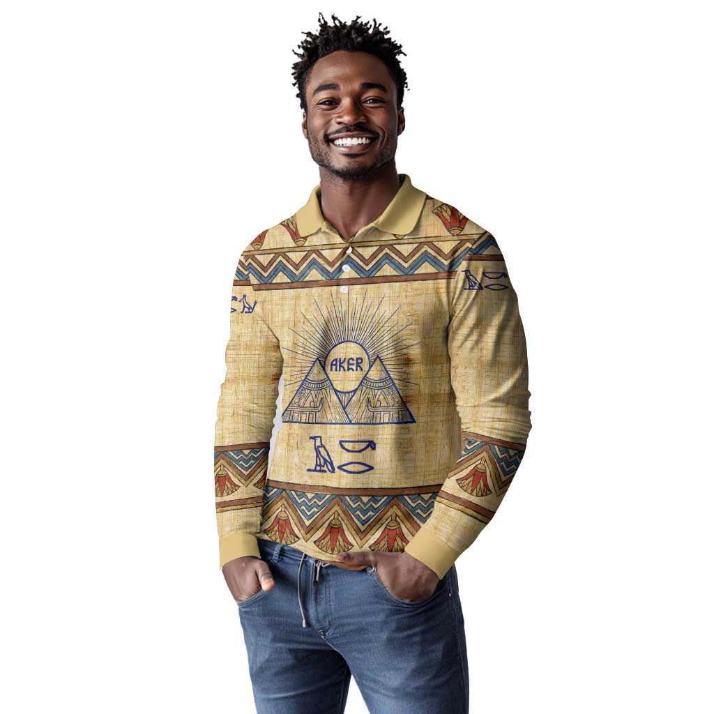 Aker Ancient Egyptian Long Sleeve Polo Shirt with Hieroglyphic Pattern, Pyramid Symbol, and Twin Lion Guardians Motif - African Pride