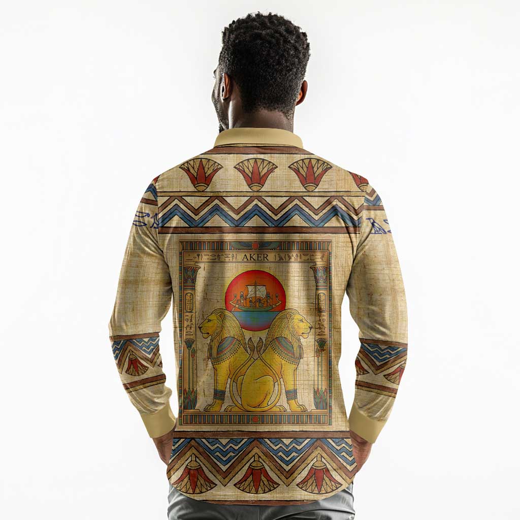 Aker Ancient Egyptian Long Sleeve Polo Shirt with Hieroglyphic Pattern, Pyramid Symbol, and Twin Lion Guardians Motif - African Pride