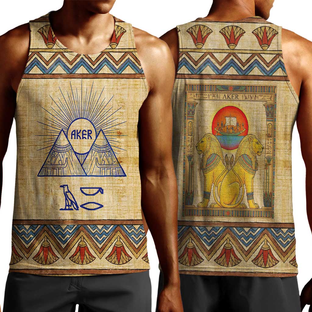 Aker Ancient Egyptian Men Tank Top with Hieroglyphic Pattern, Pyramid Symbol, and Twin Lion Guardians Motif - African Pride