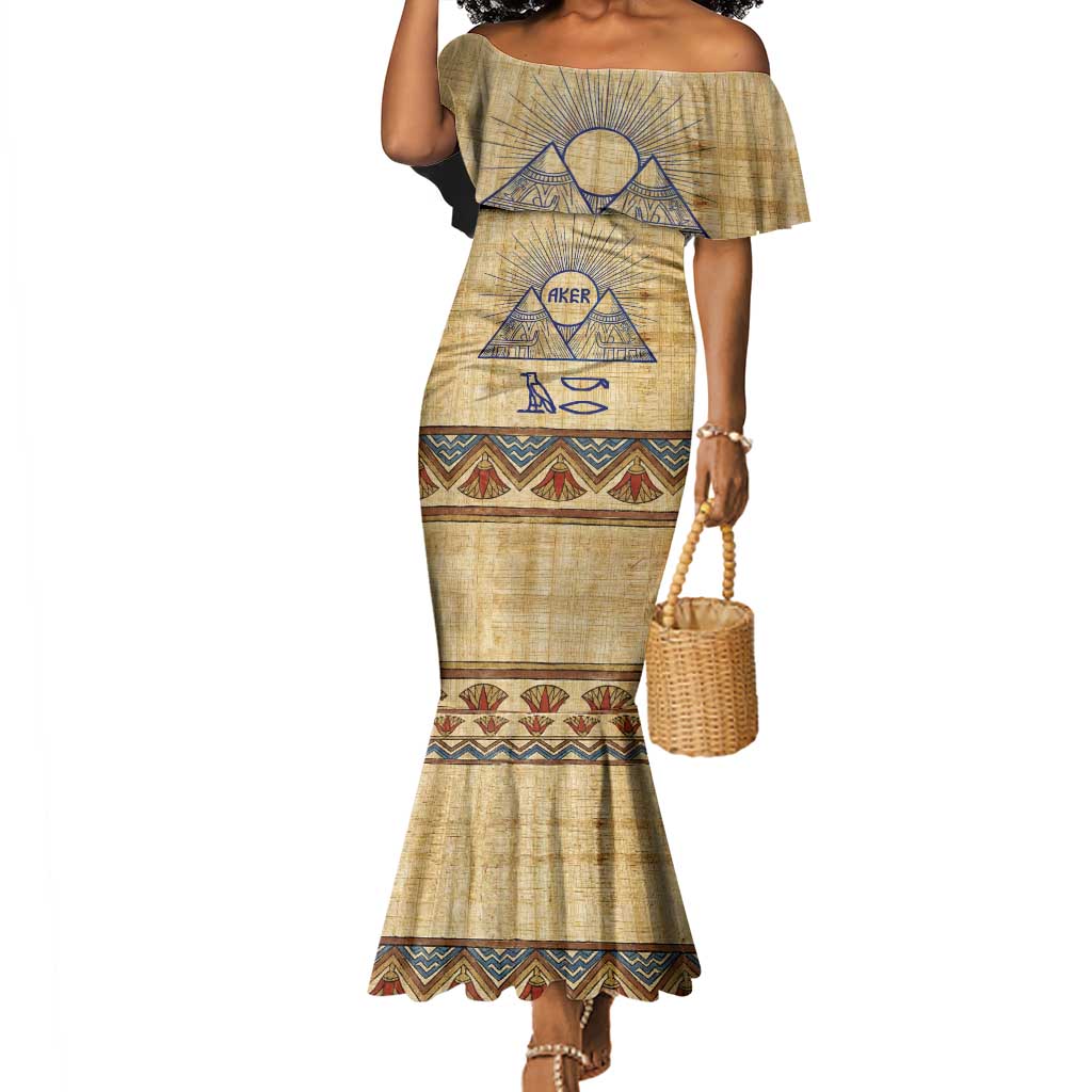 Aker Ancient Egyptian Mermaid Dress with Hieroglyphic Pattern, Pyramid Symbol, and Twin Lion Guardians Motif - African Pride
