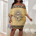 Aker Ancient Egyptian Off Shoulder Short Dress with Hieroglyphic Pattern, Pyramid Symbol, and Twin Lion Guardians Motif - African Pride