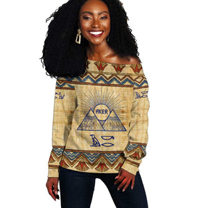 Aker Ancient Egyptian Off Shoulder Sweater with Hieroglyphic Pattern, Pyramid Symbol, and Twin Lion Guardians Motif - African Pride