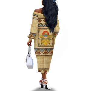 Aker Ancient Egyptian Off The Shoulder Long Sleeve Dress with Hieroglyphic Pattern, Pyramid Symbol, and Twin Lion Guardians Motif - African Pride