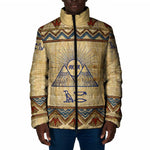 Aker Ancient Egyptian Padded Jacket with Hieroglyphic Pattern, Pyramid Symbol, and Twin Lion Guardians Motif - African Pride