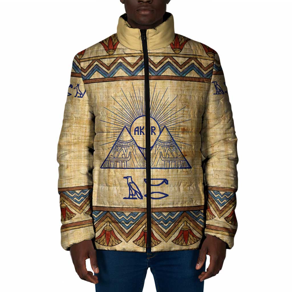 Aker Ancient Egyptian Padded Jacket with Hieroglyphic Pattern, Pyramid Symbol, and Twin Lion Guardians Motif - African Pride