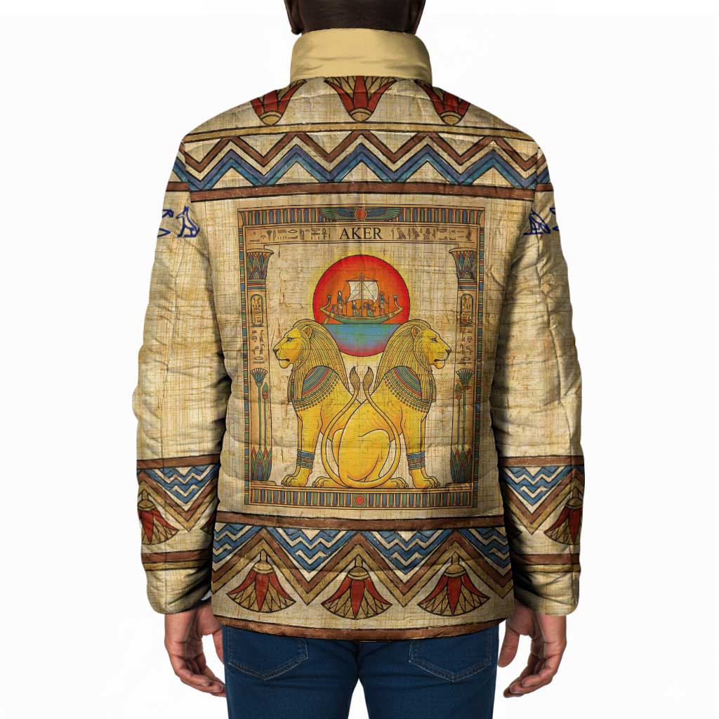 Aker Ancient Egyptian Padded Jacket with Hieroglyphic Pattern, Pyramid Symbol, and Twin Lion Guardians Motif - African Pride