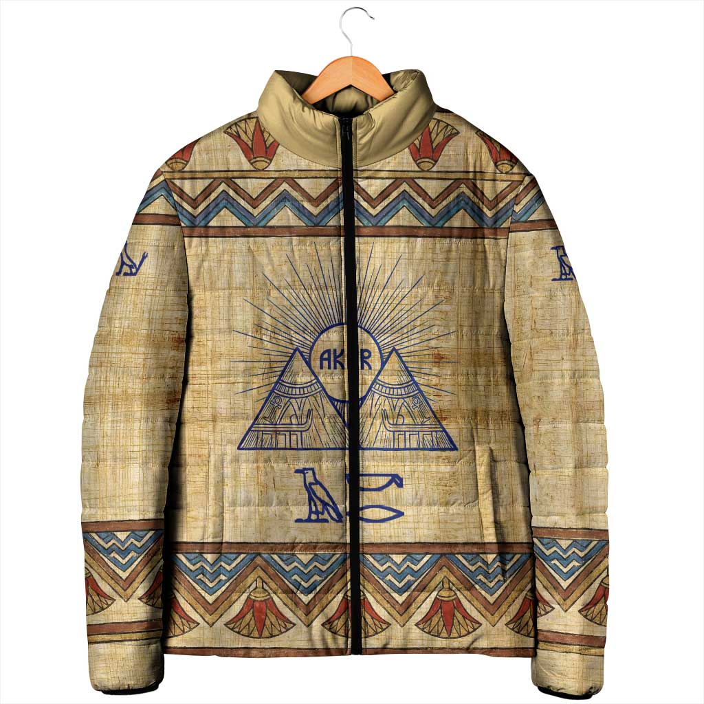 Aker Ancient Egyptian Padded Jacket with Hieroglyphic Pattern, Pyramid Symbol, and Twin Lion Guardians Motif - African Pride