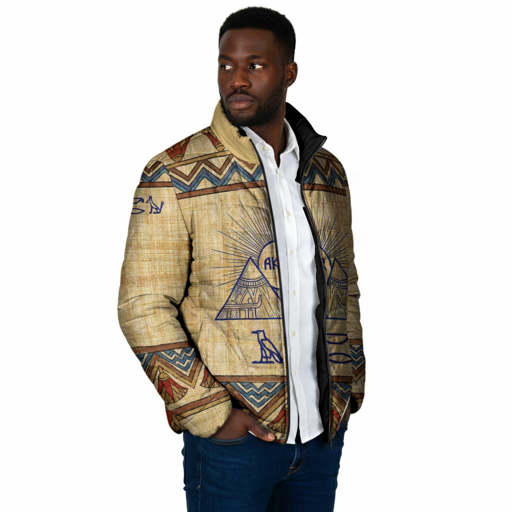Aker Ancient Egyptian Padded Jacket with Hieroglyphic Pattern, Pyramid Symbol, and Twin Lion Guardians Motif - African Pride